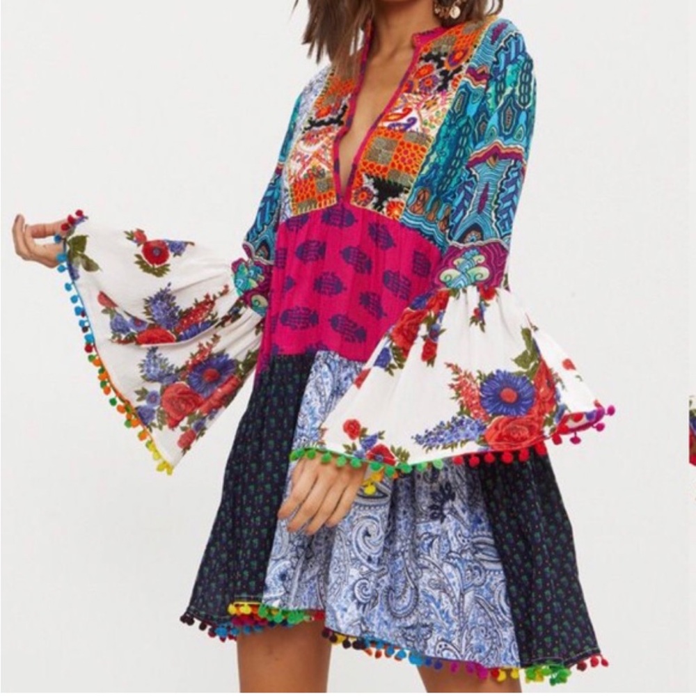 Pretty Little Thing patchwork mixed pattern pompom fringe hem dress/tunic
